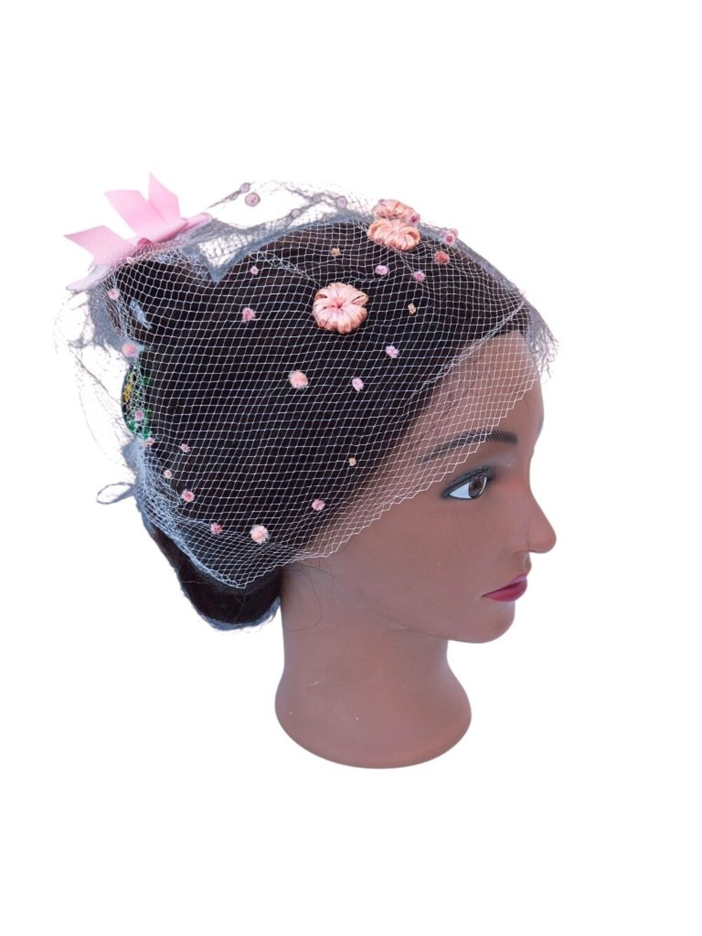Vintage 1940s-50s Pink Netting Cap Hat Straw Flowers Millinery